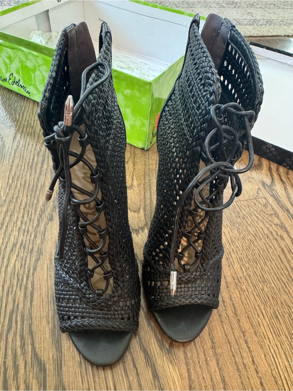 Sam Edelman Black Woven Lace-Up Peep-Toe Heels